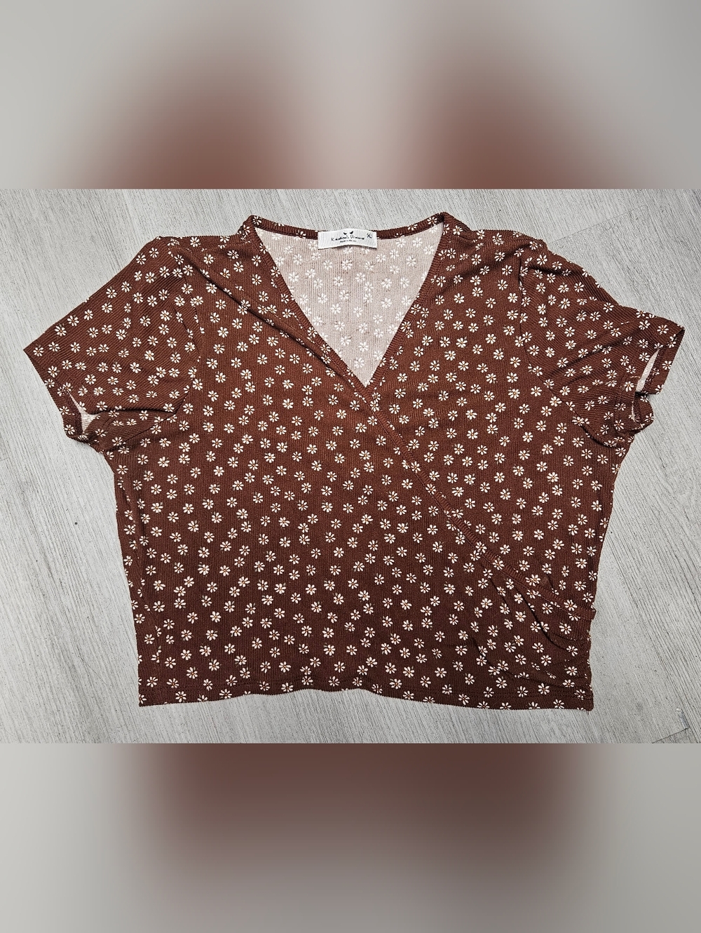 Brown Floral V-Neck Short Sleeve Crop Top Spring Summer T Shirt Size XL Womens